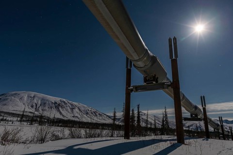 Oil production in the Arctic, Trans Alaska Pipeline, full moon, night shot, winter, Dalton Highway,
