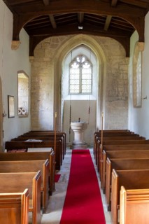 Interior view of baptismal font, church of Saint Michael, Yanworth, Gloucestershire, England, UK