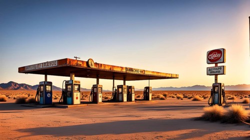Abandoned retro gas station in the middle of a desert at sundown, with rusted gas pumps and an old