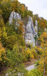Swabian Alb in autumn, Albtrauf with colourful mixed forest and rocky landscape. Bad Urach,
