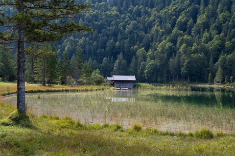 Hütte am Ferchensee, Mittenwald, Werdenfelser Land, Alps, Upper Bavaria, Bavaria, Germany, Europe