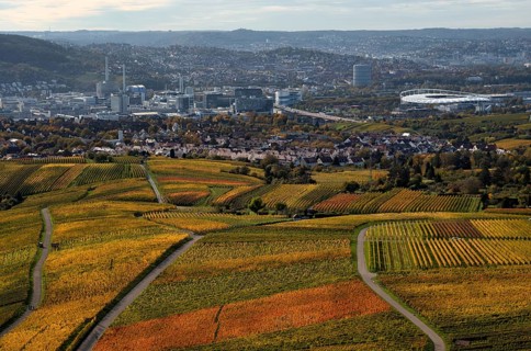 View of MHPArena, MHP Arena, gas boiler, Mercedes-Benz Museum, Daimler Group headquarters,