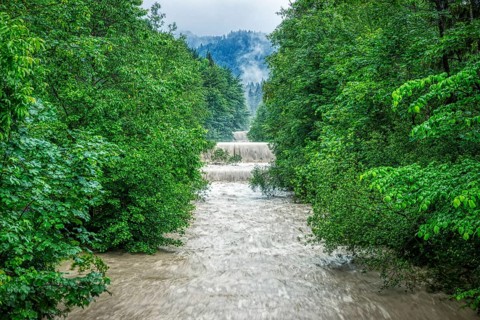 A meandering river with several waterfalls in the middle of a dense forest, Jenbach, Bad Feilnbach