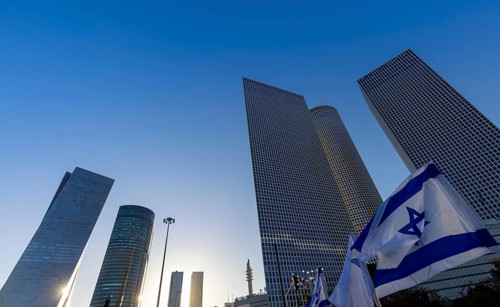 Israel, Tel Aviv financial business district skyline with shopping malls and high tech offices,