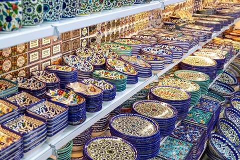 Souvenirs in Jerusalem Old City Arab quarter near Church of Holy Sepulchre, and Dome of the Rock