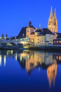 Church and bridge reflected in river, twilight, moon, idyllic, Regensburg Cathedral and stone