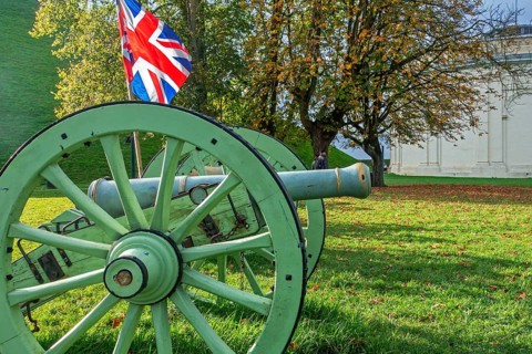 Replica of French Napoleonic war 6-pound cannon and Panorama at the Domain of the Waterloo 1815