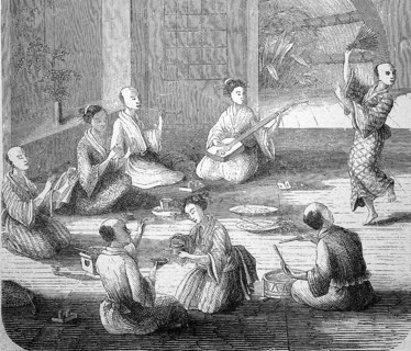 Japan in the late Middle Ages, Tea party with musicians and dancer, Illustration from 1870,