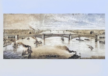 Large steel bridge over the Mississippi River in St Louis Missouri in the 1870s. From American