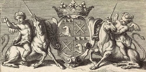 Crowned coat of arms flanked by unicorns, Paris, 1709, France, Historical, digitally restored