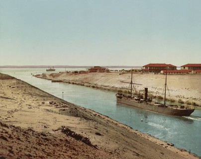 Suez Canal, Entrance to Lake Timsah, Egypt, Historical, digitally restored reproduction from a 19th