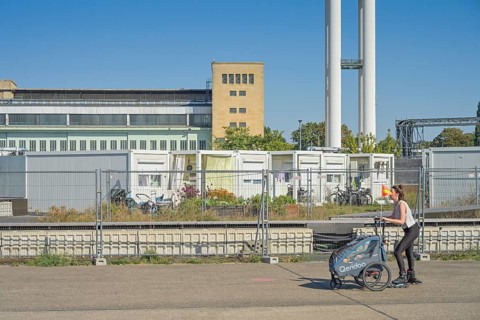Container village, refugee accommodation, fences, Tempelhof Airport, Tempelhofer Feld, Berlin,
