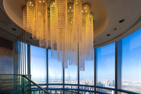 Observation deck in Dubai Burj Khalifa with scenic skyline panoramic views of city downtown and