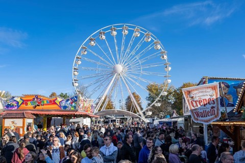 Crowd of people on fairground, amusement park, amusement ride, Ferris wheel, showmen, on the