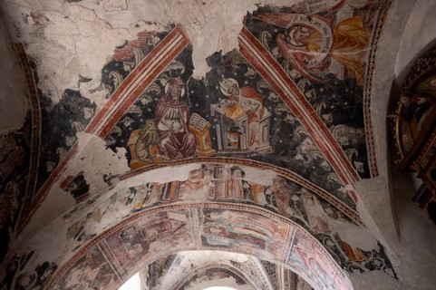 Interior, Romanesque frescoes, Old Parish Church of the Assumption of the Virgin Mary, Scena, South