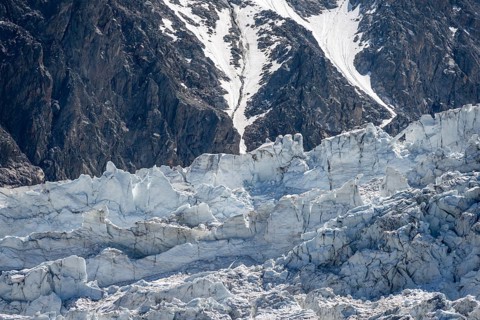 Glacier ice, rutted glacier with crevasses, Glacier des Bossons, Chamonix, Haute-Savoie, France,