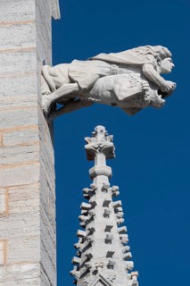 Mythological figures as gargoyles, man on lion, medieval cathedral, Visby Cathedral, St Mary's