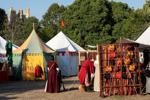 Colourful round tents, people in medieval clothing, medieval market, medieval week, fortified