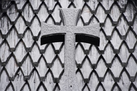Detail, wooden cross, stave church at Skansinn, Eldfell lava field, harbour, Heimaey Island,