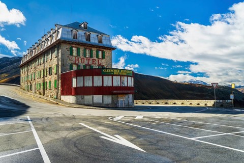 View of Hotel Belvedere at road to pass Furkapass, Kanton Wallis, Swiss Alps, Switzerland, Europe
