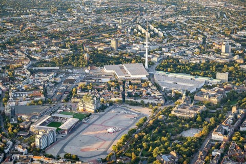 Aerial view of St Pauli with Heiligengeistfeld, green bunker, Millerntor stadium, Heinrich Hertz