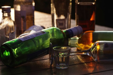 Bottles, alcohol, glass, backlight, silhouette, alcohol problem, various bottles standing and lying