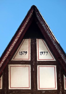 Half-timbered house, detail with the year of construction 1579 and 1977, Old Town, Bacharach, Upper