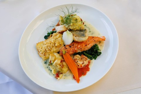 Restaurant Schloss Haigerloch, fine fish, salmon, scallop, char, spinach, dill, carrot, fine