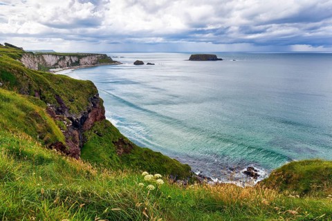 Coastline between Ballycastle and Ballintoy with a view of the sea, cliffs, Causeway Coastal Route,