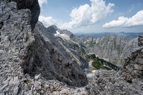 Rocky, steep mountain landscape, view of the Höllental and Zugspitze, crossing of the
