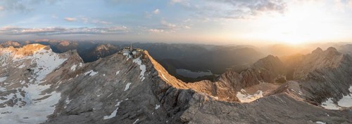 Sunrise, Alpine panorama, aerial view, Zugspitze and Zugspitzplatt with glacier, high mountains,