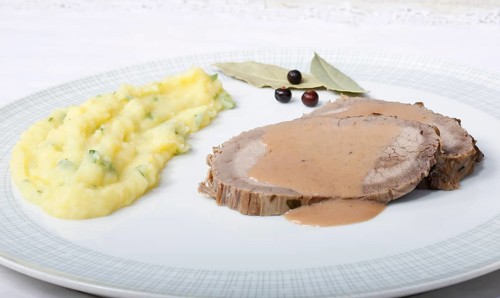 German cuisine, Sauerbraten with mashed potatoes, rocket mashed potatoes, meat dish, beef, braised