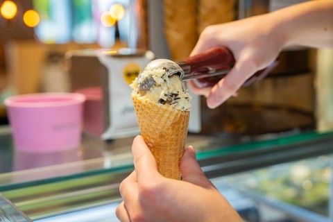Vanilla ice cream with chocolate pieces is filled into a waffle with an ice cream scoop, autumn