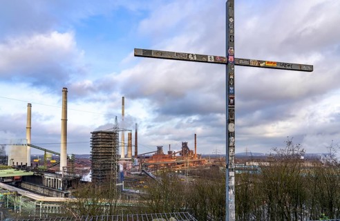 The Thyssenkrupp Steel steelworks in Duisburg-Marxloh, on the Rhine, coking plant unloading tower,