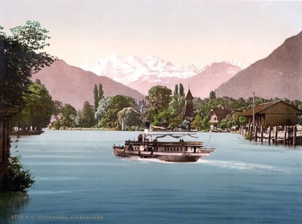 Lake Thun, Scherzligen, Bernese Oberland, Switzerland, Historic, digitally restored reproduction