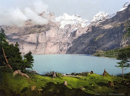 Oeschinensee, Bernese Oberland, Switzerland, Historic, digitally restored reproduction from a 19th