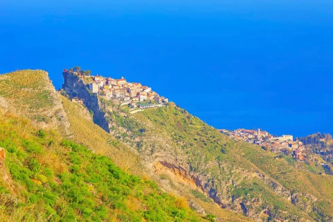 Castelmola village, high angle view, Castelmola, Taormina, Sicily, Italy, Europe