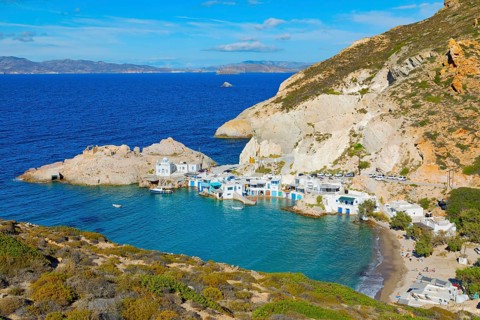 Firopotamos village, high angle view, Firopotamos, Milos Island, Cyclades Islands, Greece, Europe
