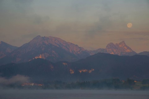 Morning atmosphere at full moon, Hopfensee, near Fuessen, Ostallgaeu, Allgaeu, Upper Swabia,