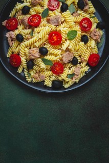 Tuna salad, fusilli pasta, olives and cherry, olive oil, homemade