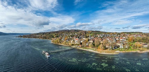 Aerial view, panorama of the municipality of Gaienhofen on the south side of the Höri peninsula