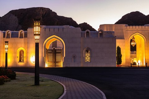 Illuminated side wing of the Sultan's Palace at dawn, Muscat, Arabian Peninsula, Sultanate of Oman