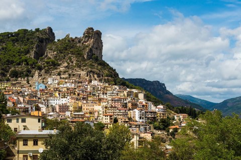 Picturesque village and steep mountains, Ulassai, Province of Ogliastra, Sardinia, Italy, Europe