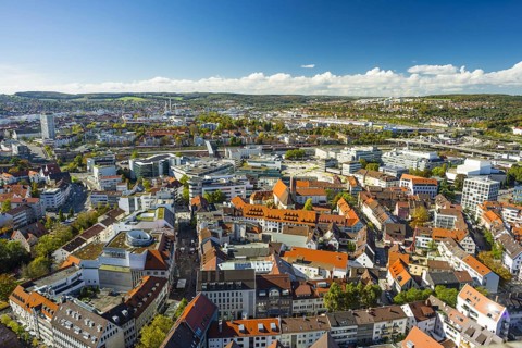 Panorama from Ulm Minster to the western city centre, main railway station, theatre, Ludwig Erhard