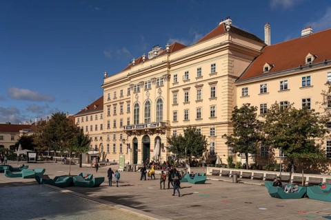 Inner courtyard of the MuseumsQuartier MQ in Vienna, Austria, Europe
