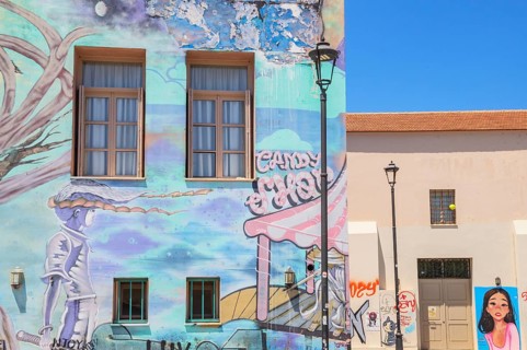 Old house painted with murals, Petychakis square, Rethymno, Crete, Greek Islands, Greece, Europe