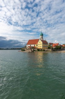 Moated castle, Lake Constance, parish church of St. George, onion dome, water reflection, Bavaria,