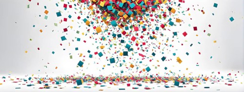 Abstract New Years Eve confetti explosion, with minimalist colored squares and circles falling