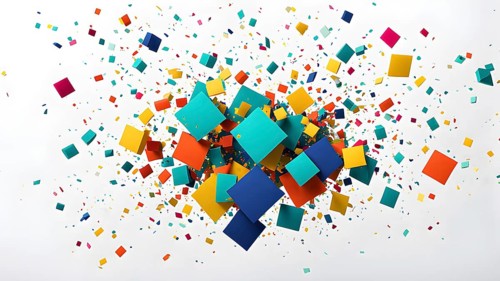 Abstract New Years Eve confetti explosion, with minimalist colored squares and circles falling