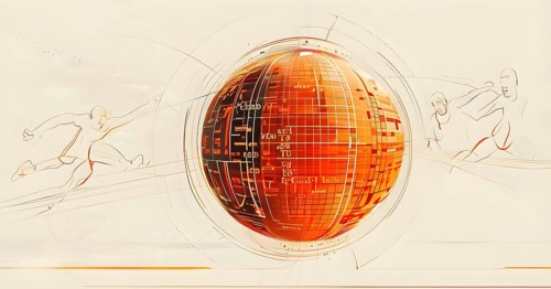 Illustration of an abstract, vibrant orange colored rotating digital sphere with patterns